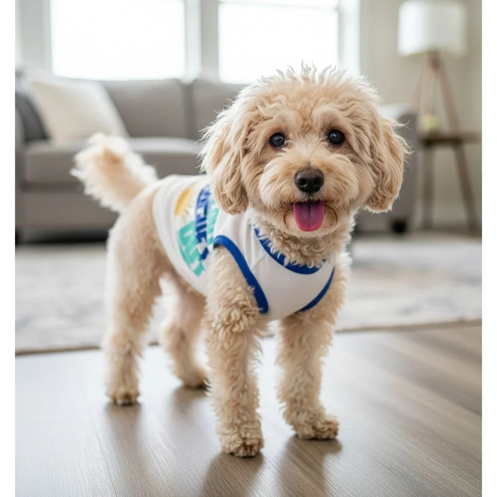 Sun's Out Tongue's Out White Blue Ringer Pet Dog Tank Top Shirt XS